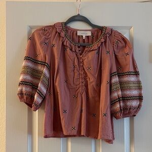 THE GREAT. Pink Embroidered Blouse